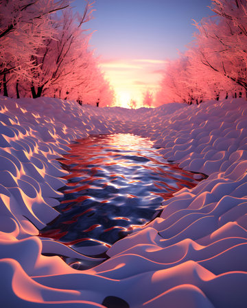 Winter landscape with frozen lake and sunset. 3d render illustration.の素材