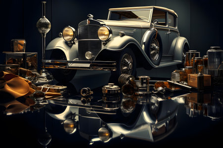 Vintage car on a black reflective background. 3d rendering.の素材