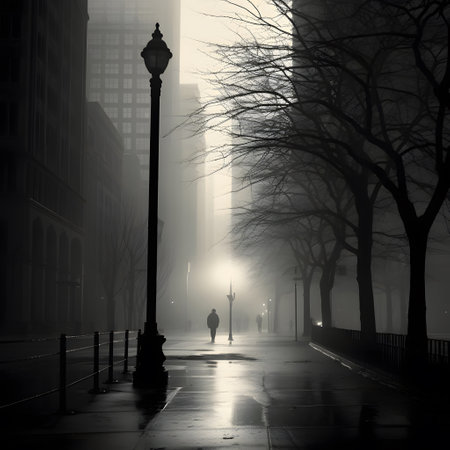 Lamppost in foggy city street at night, illustrationの素材