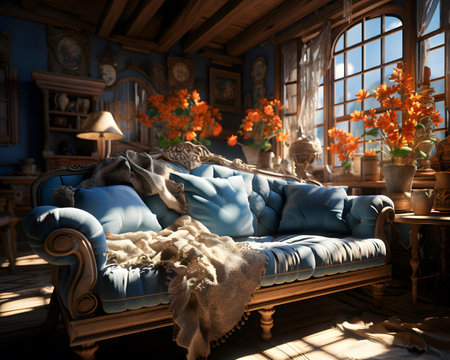 Interior of a cozy living room with a blue sofa. 3d renderingの素材
