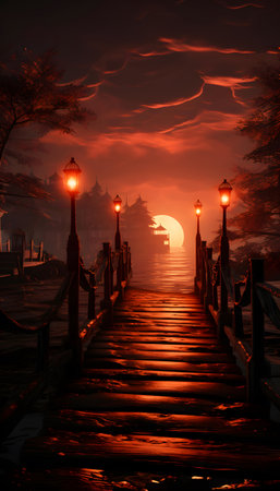 Wooden bridge leading to pagoda at night in the foggy morningの素材