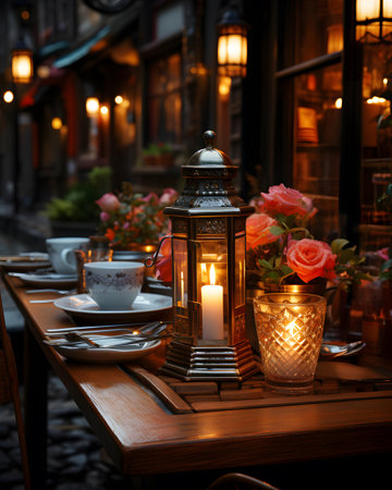 Lantern on a table in a restaurant with candles and flowersの素材