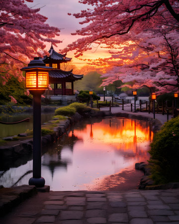 Japanese garden with cherry blossoms and lanterns at sunset in springの素材