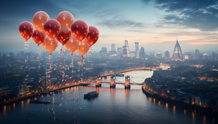 London skyline with balloons at sunset, UK. 3D renderingの素材