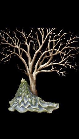 Illustration of a stylized tree isolated on a black background.の素材