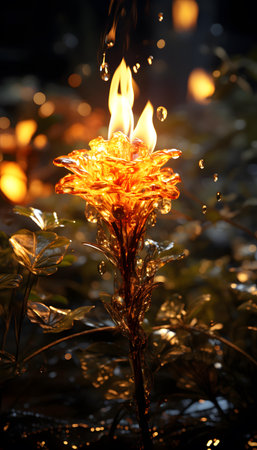 Burning candle in the dark with bokeh, close upの素材