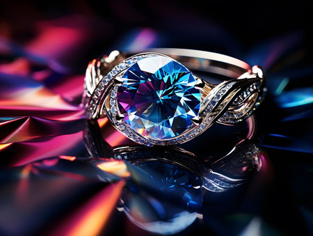 Jewelry ring with blue sapphire on a black backgroundの素材