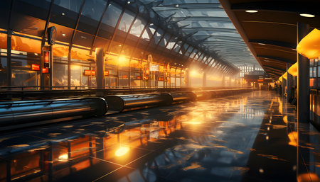 modern train station at night with reflection in the floor. 3d renderingの素材