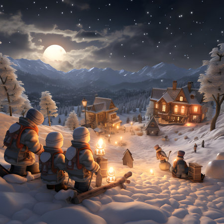 3D render of a Christmas scene with a group of gnomesの素材