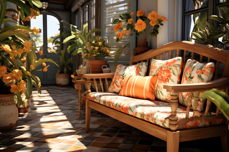 Vintage wooden sofa with orange cushions and orchids on the terraceの素材
