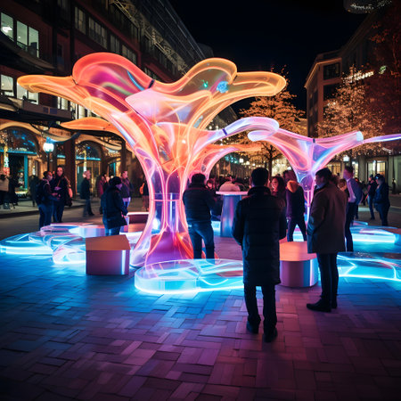 People visit Leicester Square in London at night. The square is a major tourist attraction in London.の素材
