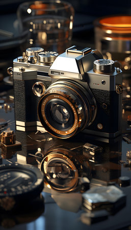 Vintage camera on a glass table. Retro style. 3d renderingの素材