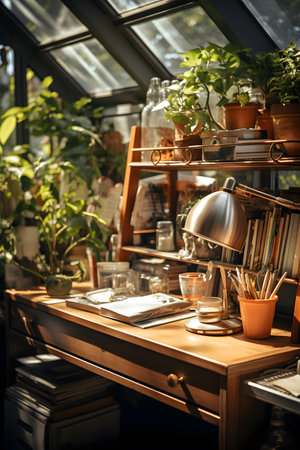 Working place in a coffee shop. Workplace in a coffee shopの素材
