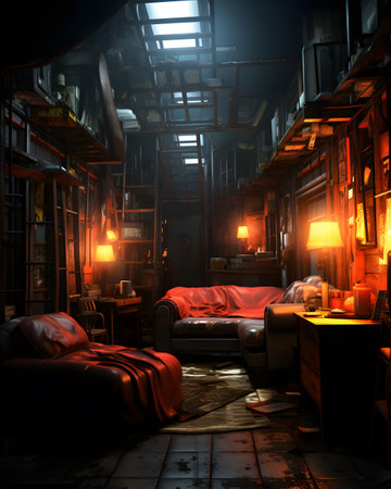 Interior of a dark room with a lot of lights, 3d renderの素材