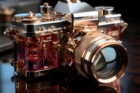 Old camera on a glass table, close-up. 3d renderingの素材