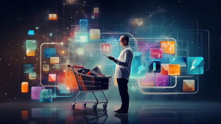 Man with tablet and shopping cart in front of colorful application icons conceptの素材