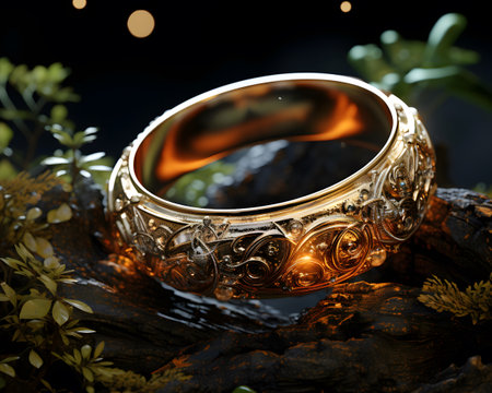 Wedding gold ring on a black background. 3d renderingの素材