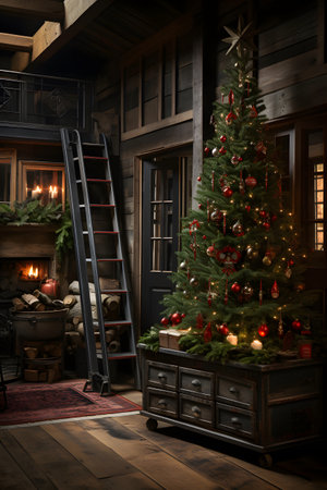 Christmas tree and ladder in front of a wooden house with fireplace.の素材