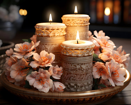 Burning candles with flowers in bowl on wooden table, closeupの素材