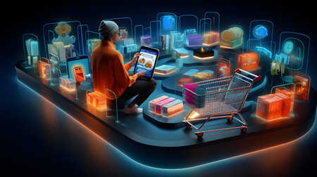 E-commerce concept with a man using a tablet and shopping cartの素材