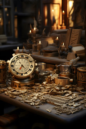 Antique clock and keys on a table in a flea marketの素材