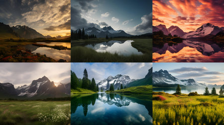 Collage of beautiful alpine landscapes with lake, mountains and sky.の素材