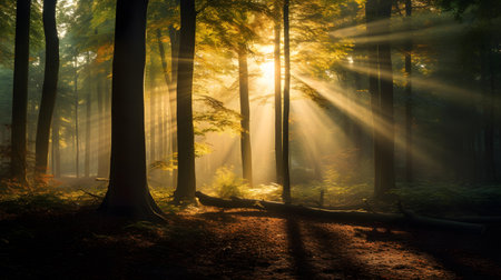 Morning in the forest. The sun's rays through the trees.の素材