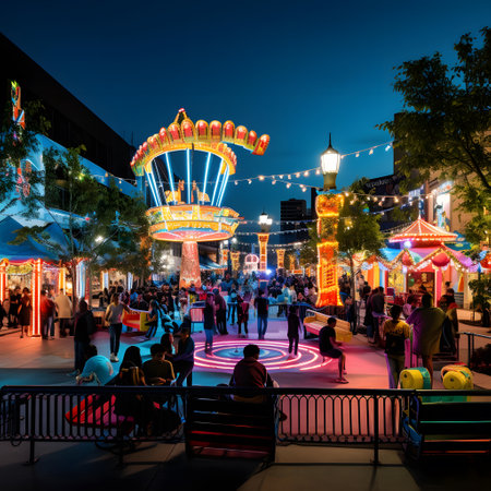 Unidentified people visit Hong Kong amusement park at night.の素材