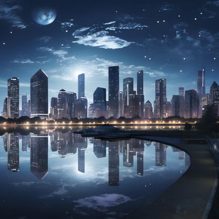 night scene of modern city with reflection in water and full moon.の素材