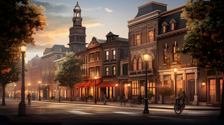 Old town street at night. 3D rendering. Illustration.の素材