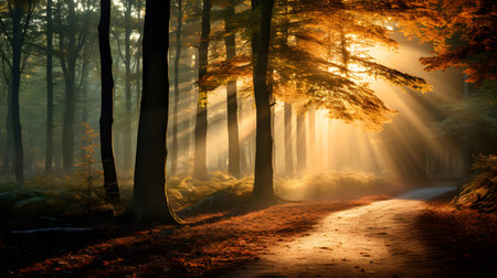 Mysterious foggy autumn forest with a path and sunbeamsの素材