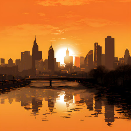 New York City skyline at sunrise with reflection in water. Vector illustrationの素材