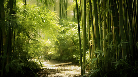Bamboo forest in the morning light. Nature background with green bamboo forest.の素材