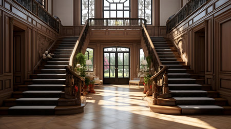 3d render of interior of a luxury mansion with wooden staircaseの素材