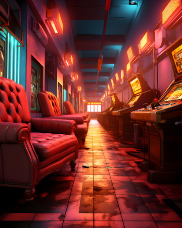 Luxury casino interior with red leather armchairs and slot machinesの素材