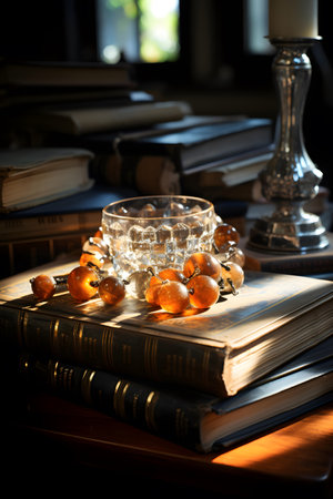 Still life with glass of water, books and candles on the tableの素材