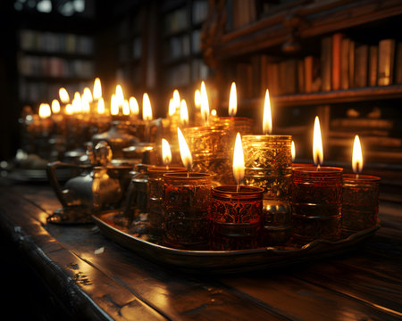 Burning candles in the old library. Shallow depth of field.の素材