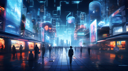 Business people silhouettes walking in a modern city. 3D renderingの素材