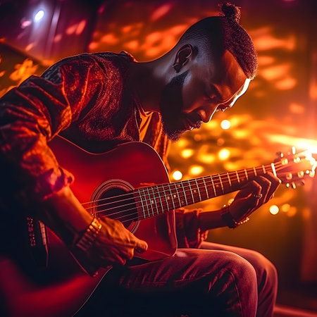 African american man playing acoustic guitar in night club. Music conceptの素材