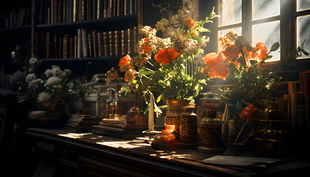 Vintage bookshelf with books and flowers in a dark roomの素材