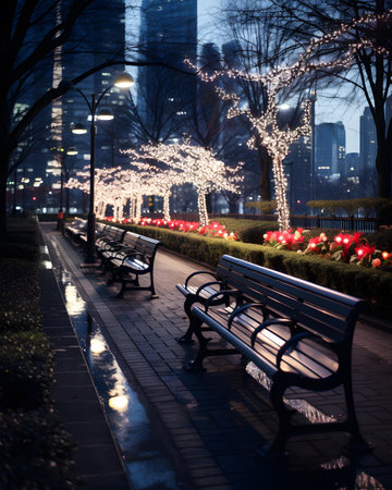 Bench in the city at night with Christmas lights and illumination.の素材