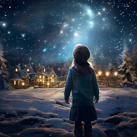 Little girl standing in front of winter village and looking at night skyの素材