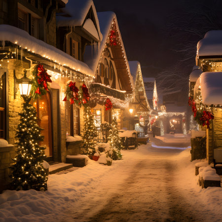 Christmas decoration in the snow-covered street of a village in winterの素材
