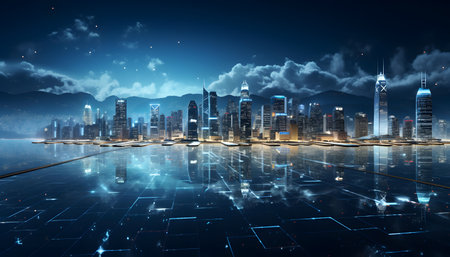Futuristic city at night as technology concept. 3D renderingの素材