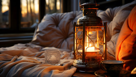 Aroma lamp with burning candle on the bed in the evening.の素材
