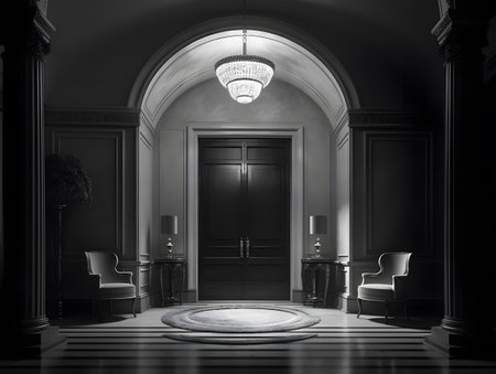 3D rendering of a classic interior room with a marble floor and black wallsの素材
