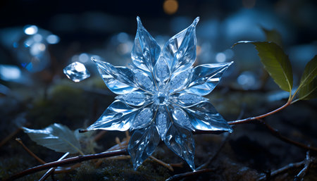 crystal snowflake on the ground in the forest at night.の素材