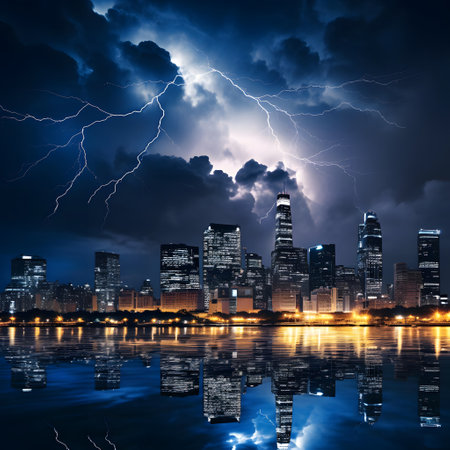 Cityscape with lightning at night and reflection in water, business conceptの素材
