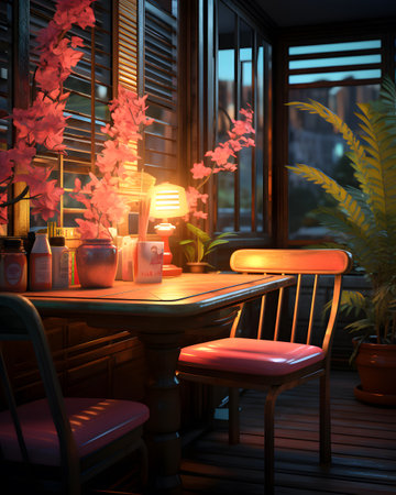 Interior of a cafe in the evening. 3D rendering.の素材