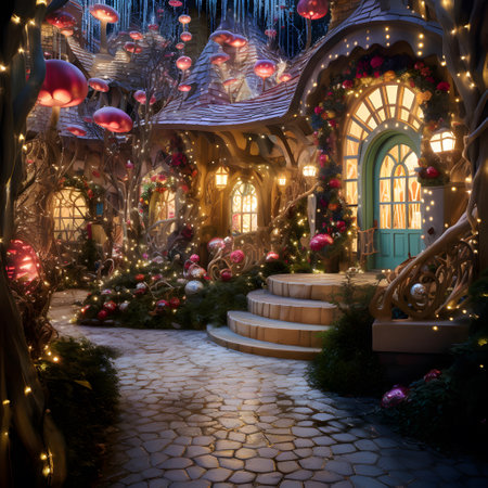 3D rendering of a Christmas fairy tale scene with a house in the woodsの素材